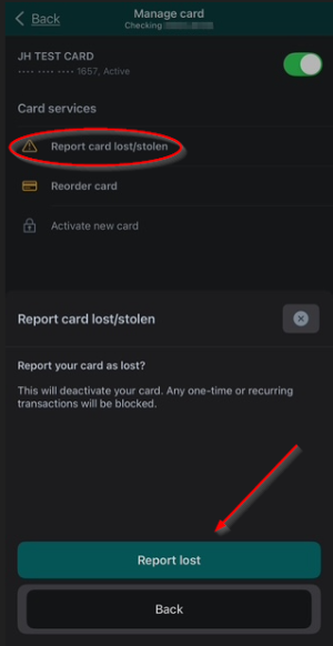 where to report lost or stolen card in app 
