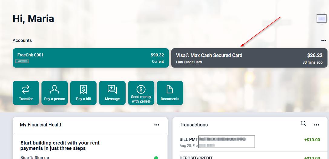 main dashboard for online banking
